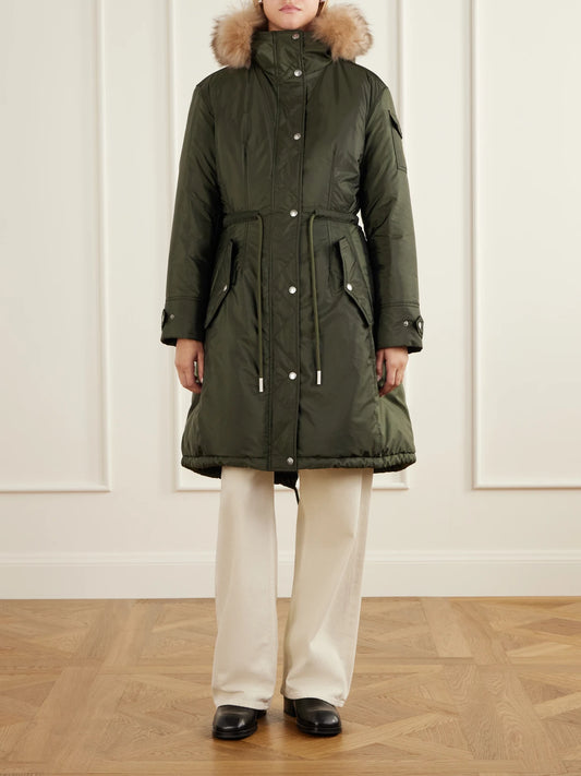 Image of Coats & Jackets. Product name - Moustique Shearling-trimmed Shell Jacket in Forest green colour by brand - Moncler