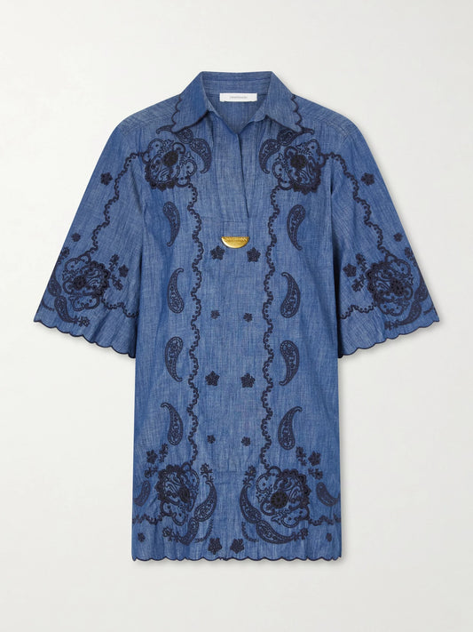 Image of Dresses. Product name - Aster Broderie Anglaise-trimmed Cotton-denim Mini Dress in Blue colour by brand - Zimmermann