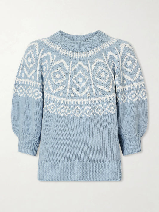 Image of a model wearing Outerwear. Product name - Howard Cotton-blend Knitted Sweater in Light blue colour by brand - Altuzarra