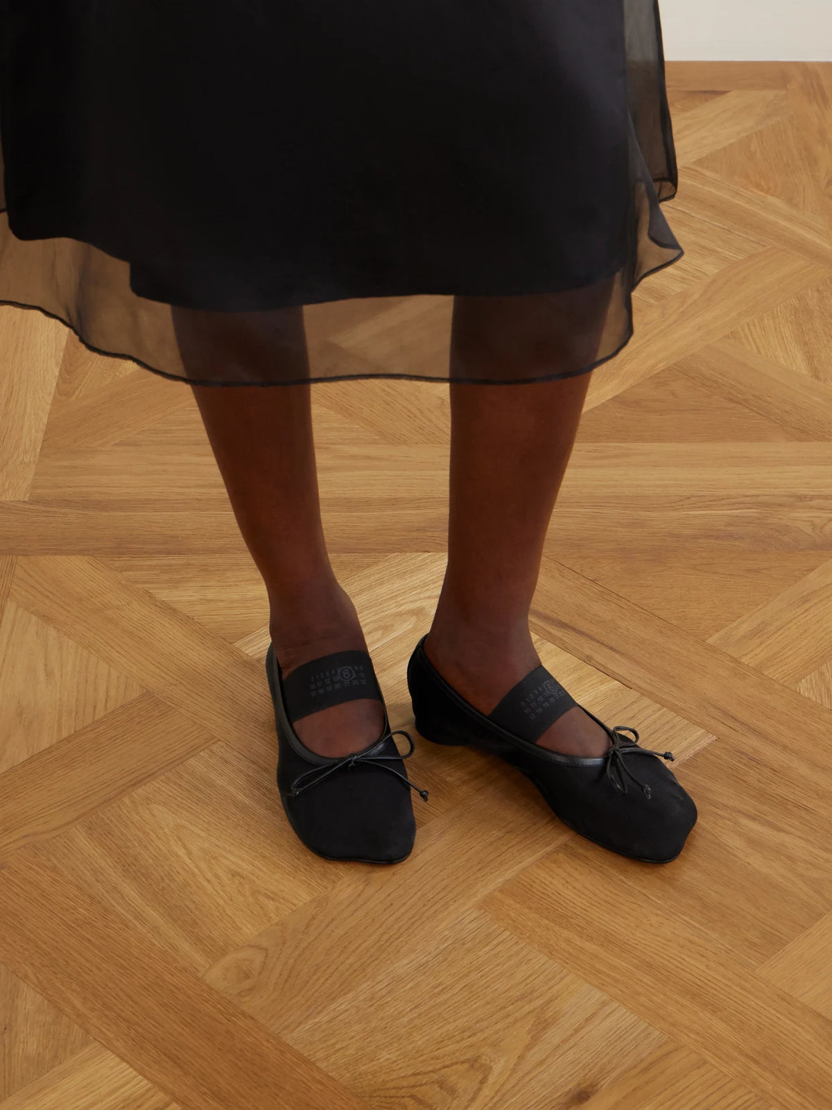Bow-detailed Leather-trimmed Mesh Ballet Flats