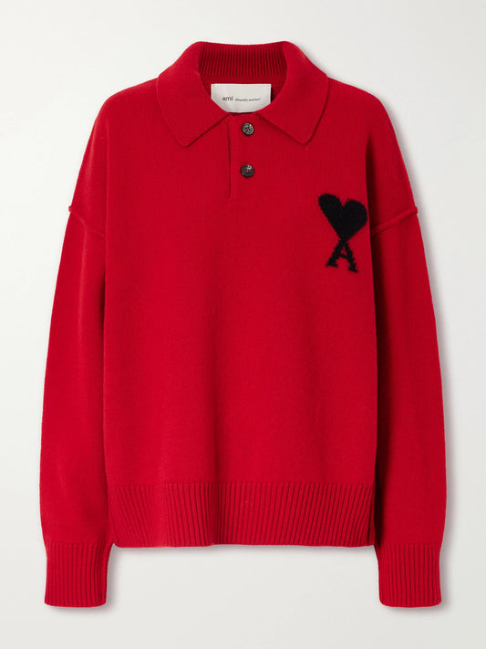AMI PARIS Virgin Wool-intarsia Polo Sweater