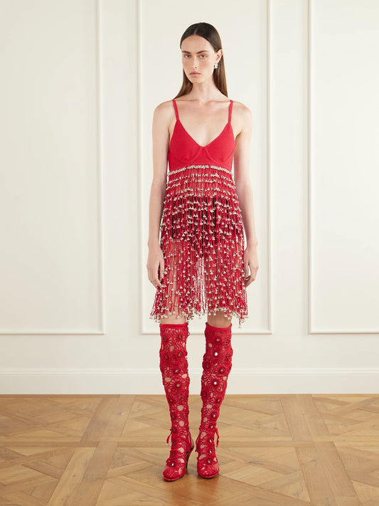 Image of Dresses. Product name - Catherine Embellished Cotton Crochet-knit Mini Dress in Red colour by brand - Yoshita 1967