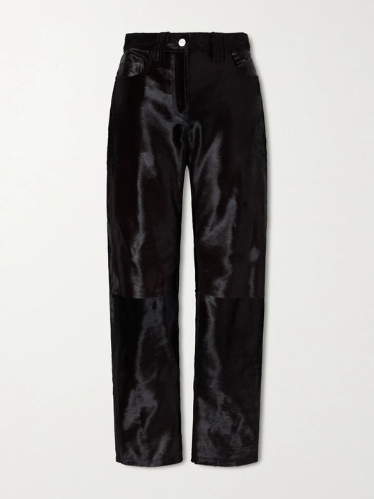 Image of a model wearing Pants. Product name - Callum Calf Hair Straight-leg Pants in Black colour by brand - KHAITE