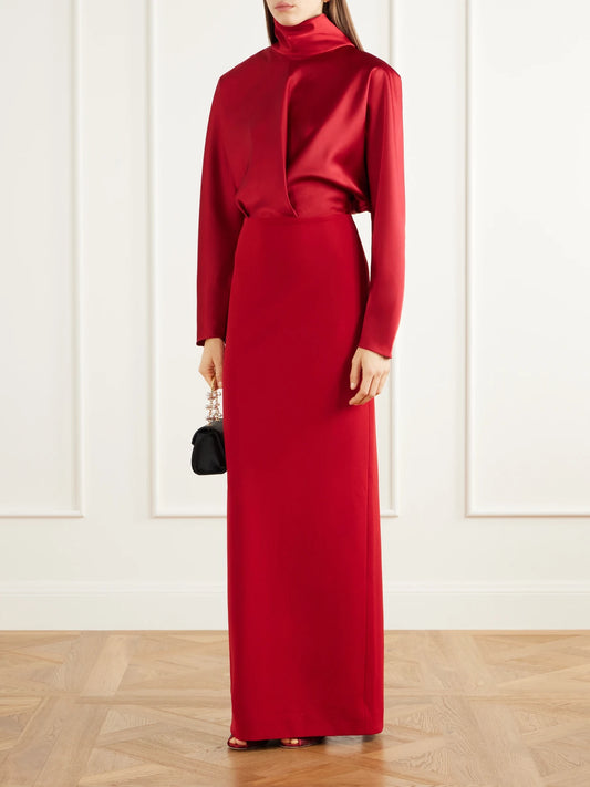 Image of Dresses. Product name - Sedgewick Satin And Stretch-knit Crepe Gown in Red, Silver colour by brand - Solace London