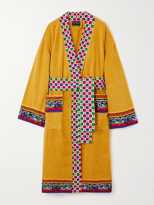 Image of Lingerie. Product name - Printed Cotton-terry Robe in Yellow colour by brand - Dolce & Gabbana