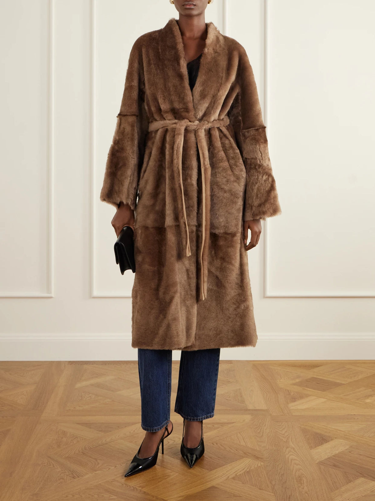 Image of Coats & Jackets. Product name - Davos Belted Shearling Coat in Light brown colour by brand - Nour Hammour