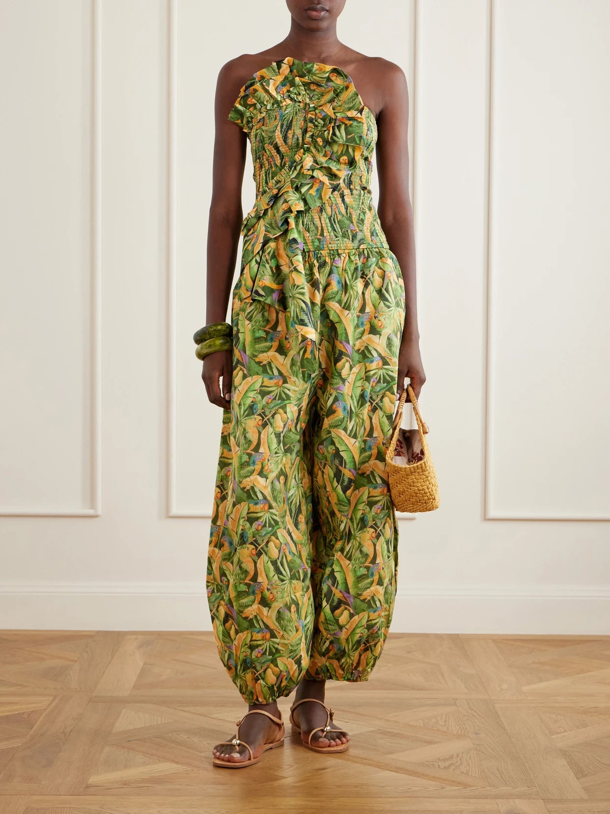 Image of a model wearing Tops. Product name - Strapless Ruched Cotton Tank in Green colour by brand - Farm Rio