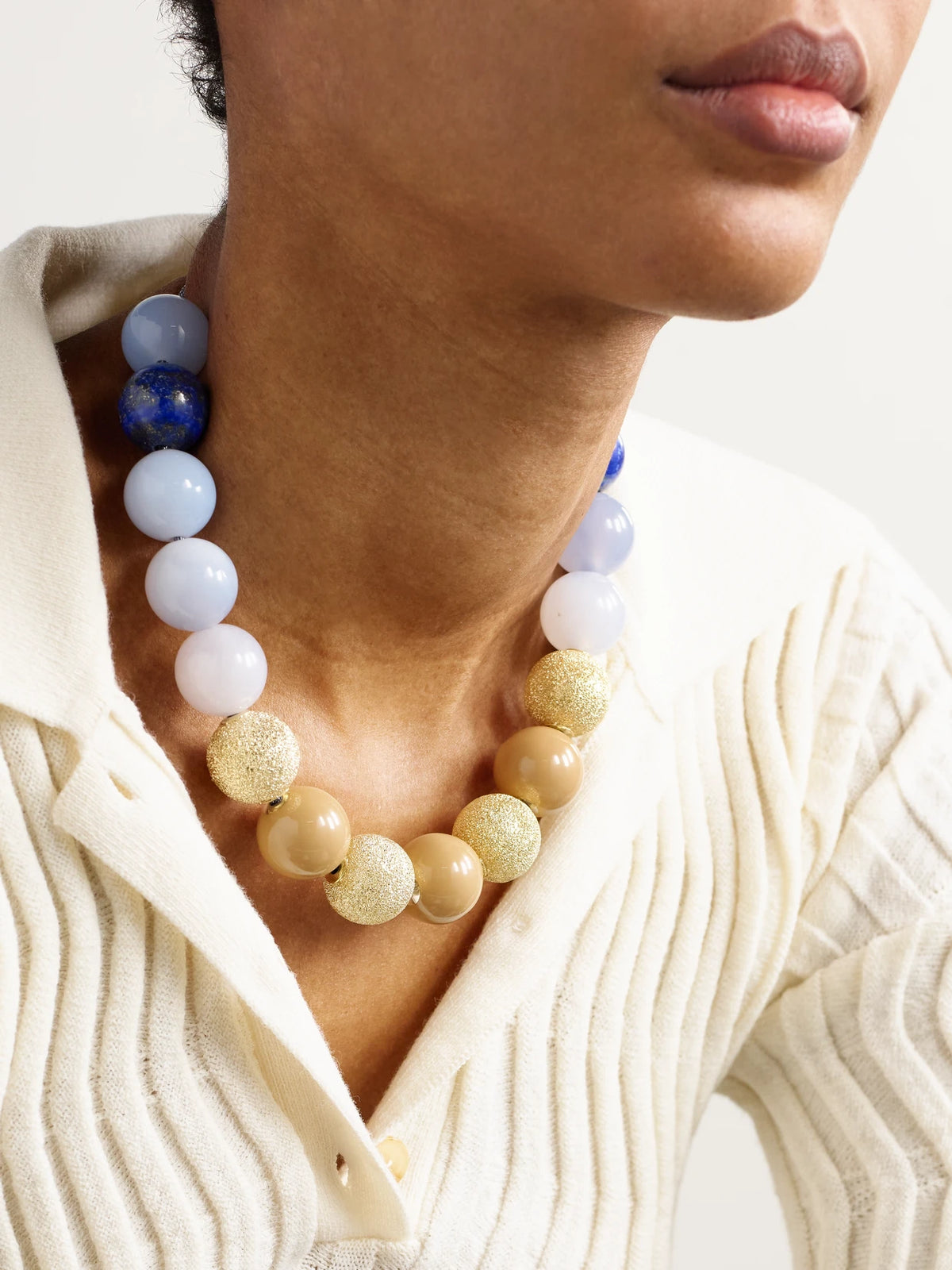 Image of Necklaces. Product name - Greenwich Village Downtown 18-karat Gold, Enamel, Chalcedony, Lapis Lazuli And Lurex Necklace in Multi colour by brand - Carolina Bucci
