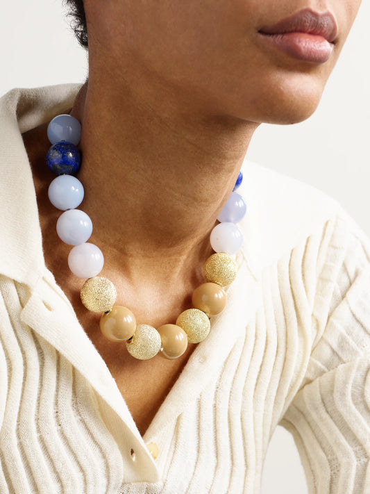 Image of Necklaces. Product name - Greenwich Village Downtown 18-karat Gold, Enamel, Chalcedony, Lapis Lazuli And Lurex Necklace in Multi colour by brand - Carolina Bucci