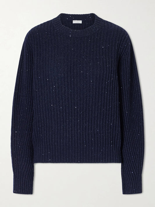 Image of a model wearing Outerwear. Product name - Sequin-trimmed Ribbed-knit Sweater in Navy colour by brand - Brunello Cucinelli