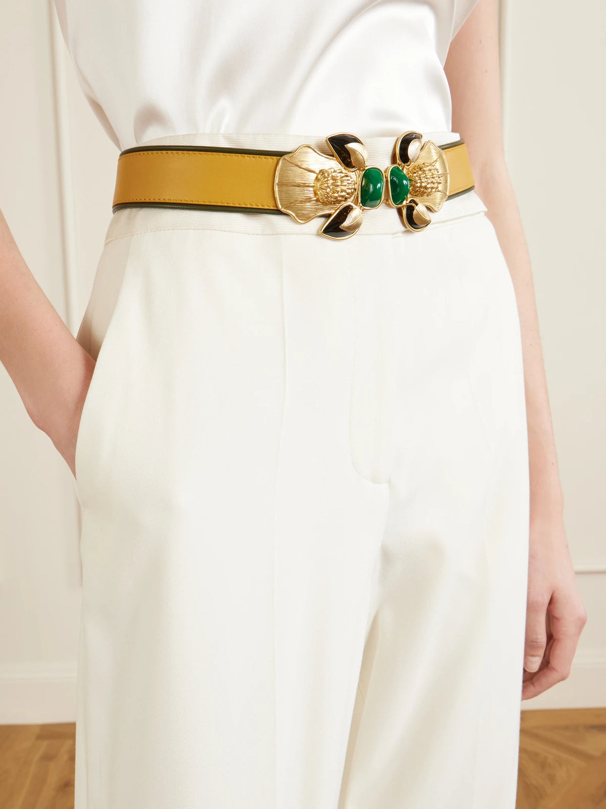 Image of Belts. Product name - Bee Gold-tone And Leather Belt in Yellow colour by brand - Sonia Petroff