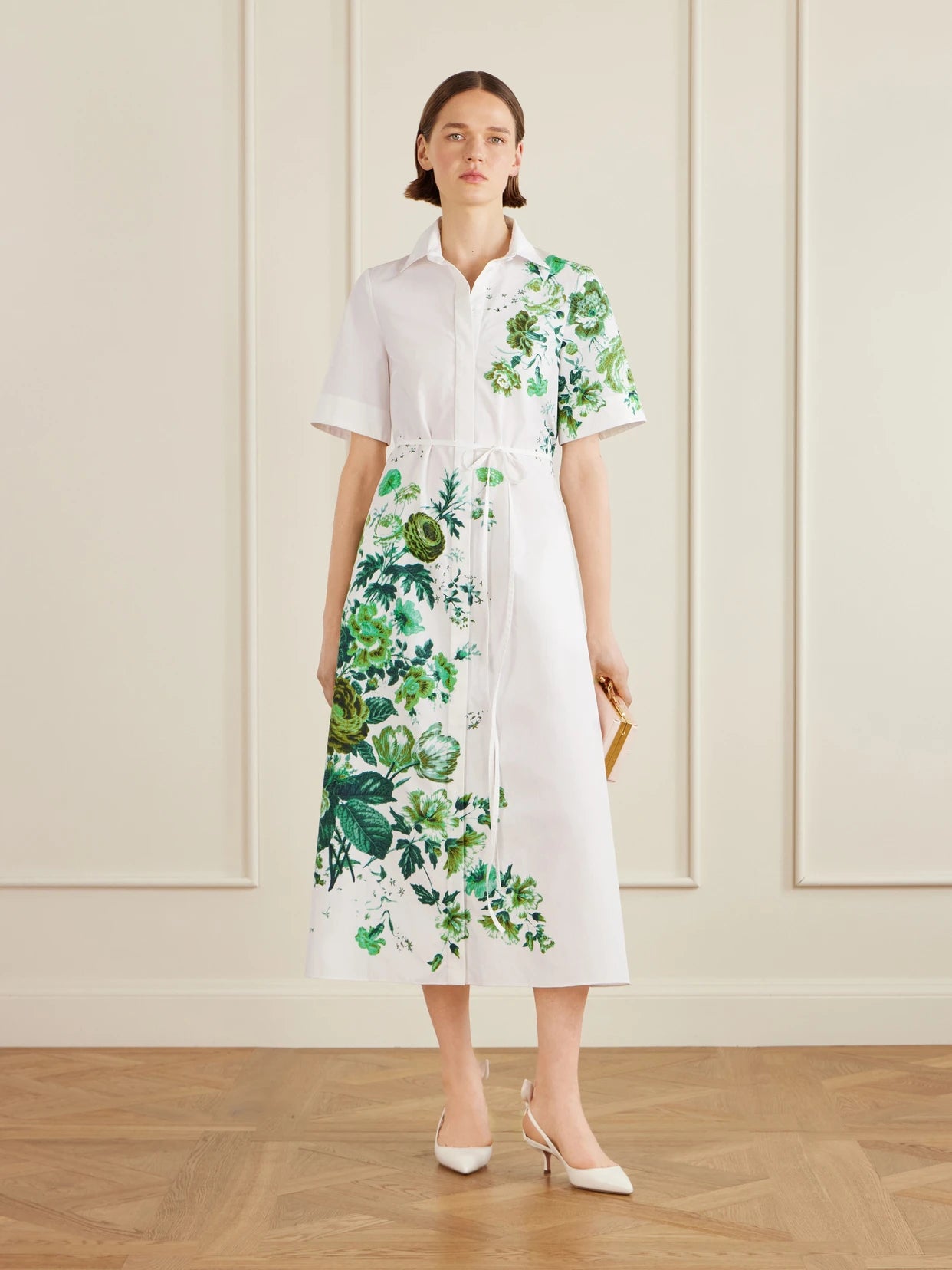 Image of Dresses. Product name - Floral-print Cotton-poplin Midi Shirt Dress in Mint colour by brand - Erdem