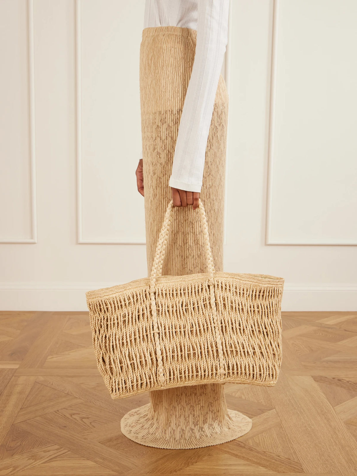 Image of Bags. Product name - Georgica Leather-trimmed Raffia Tote in Beige colour by brand - The Row