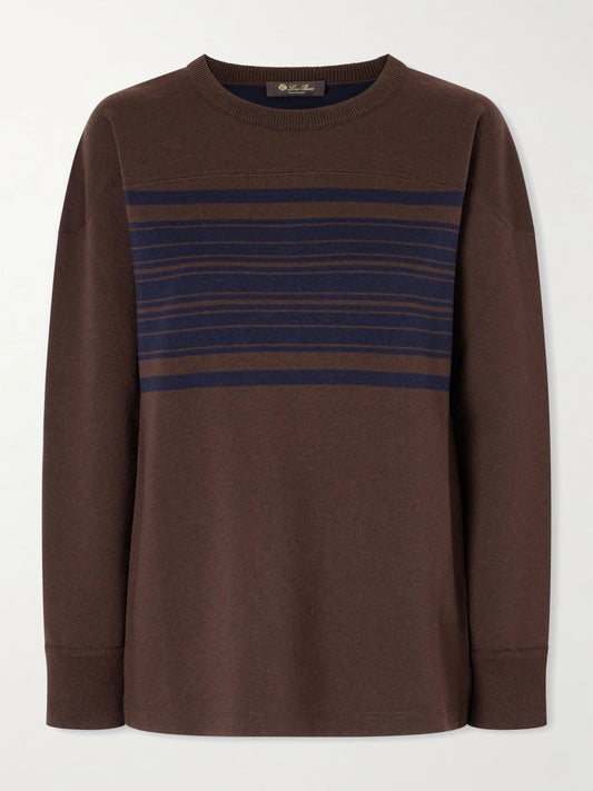 Image of a model wearing Outerwear. Product name - Winterdale Striped Wool And Cashmere-blend Sweater in Brown colour by brand - Loro Piana