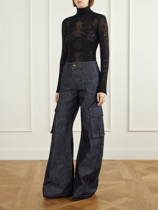 Image of a model wearing Tops. Product name - Waite Crochet-knit Silk And Wool-blend Top in Black colour by brand - Gabriela Hearst