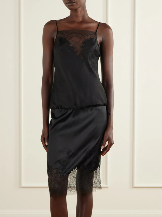 Image of Lingerie. Product name - Lace-trimmed Silk-satin Skirt in Black colour by brand - Carine Gilson