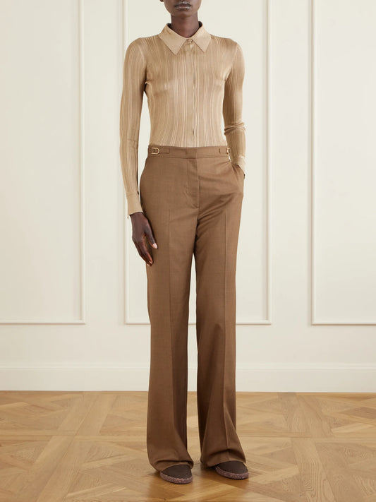 Image of a model wearing Tops. Product name - Tamar Ribbed Silk Shirt in Camel colour by brand - Gabriela Hearst
