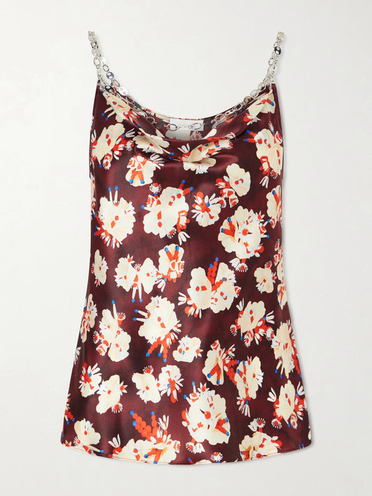 Image of a model wearing Tops. Product name - Chainmail-embellished Floral-print Silk Tank in Burgundy colour by brand - RABANNE