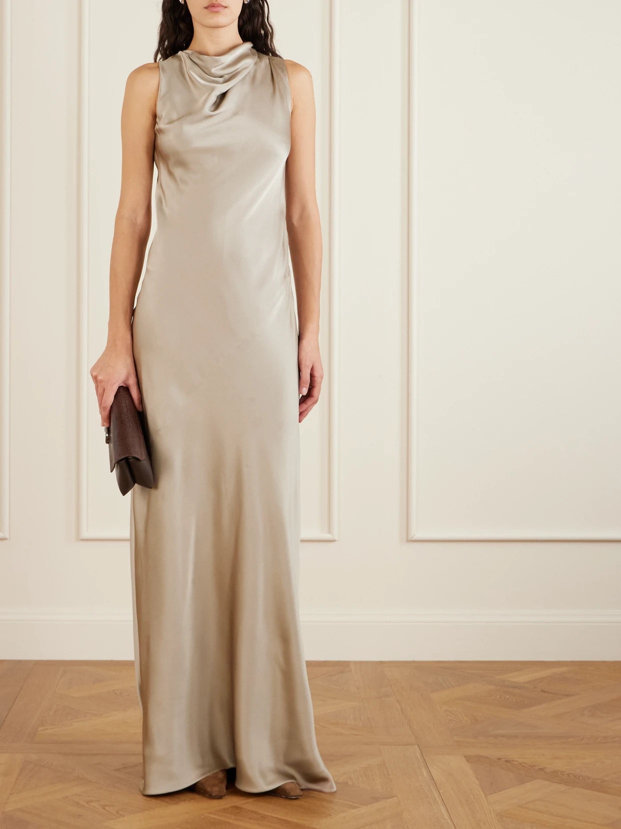 Image of Dresses. Product name - Silk Maxi Dress in Taupe colour by brand - Brunello Cucinelli