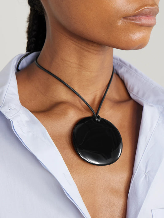 Image of Necklaces. Product name - Large Full Moon Cord, Onyx And Silver Necklace in Black colour by brand - Sophie Buhai