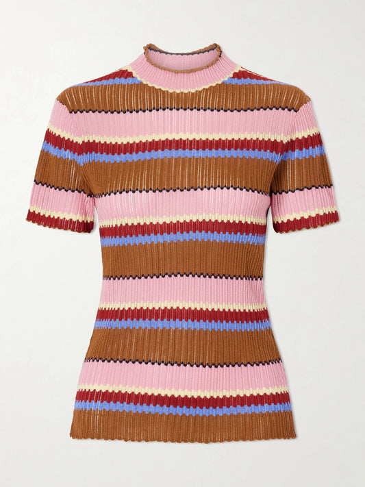 Image of a model wearing Tops. Product name - Palazzo Striped Ribbed Silk And Linen-blend Top in Pink colour by brand - Guest In Residence