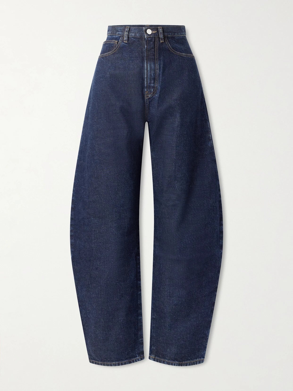 Image of Jeans. Product name - High-rise Barrel-leg Jeans in Dark denim colour by brand - Alaïa