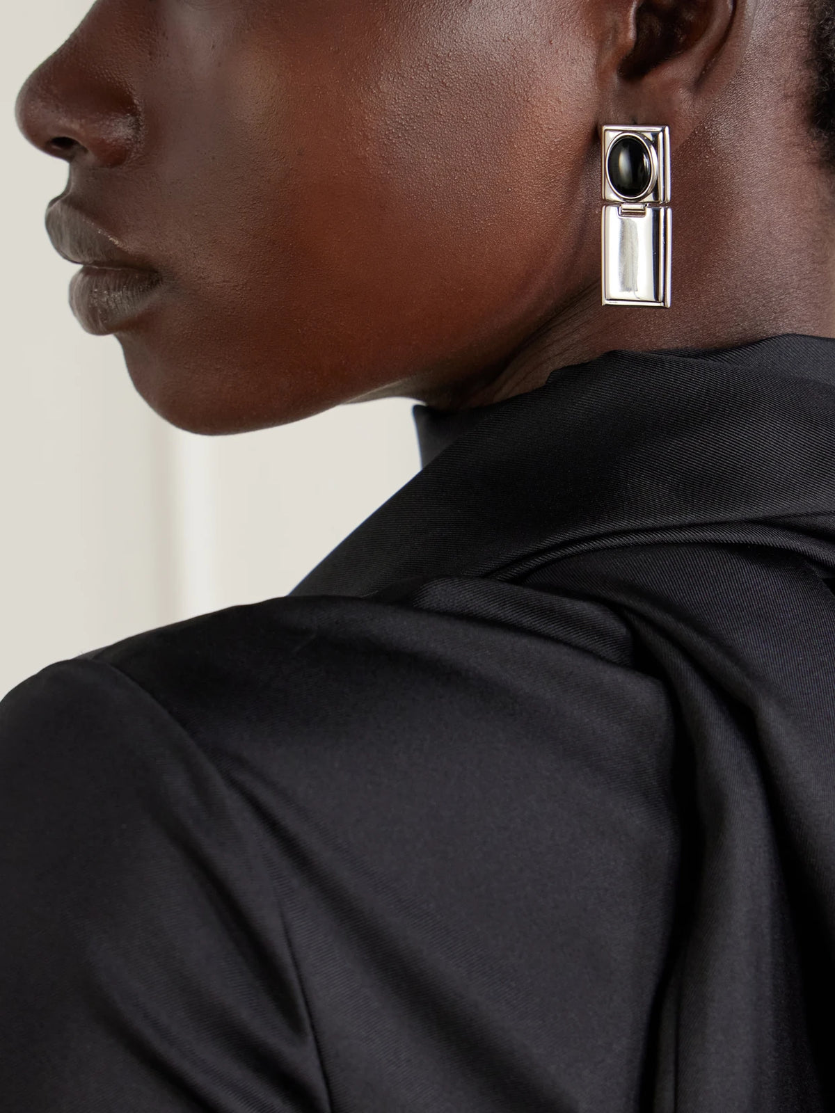 Image of Earrings. Product name - Signet Stone Hinge Gold-plated Onyx Earrings in Silver colour by brand - Déhanche