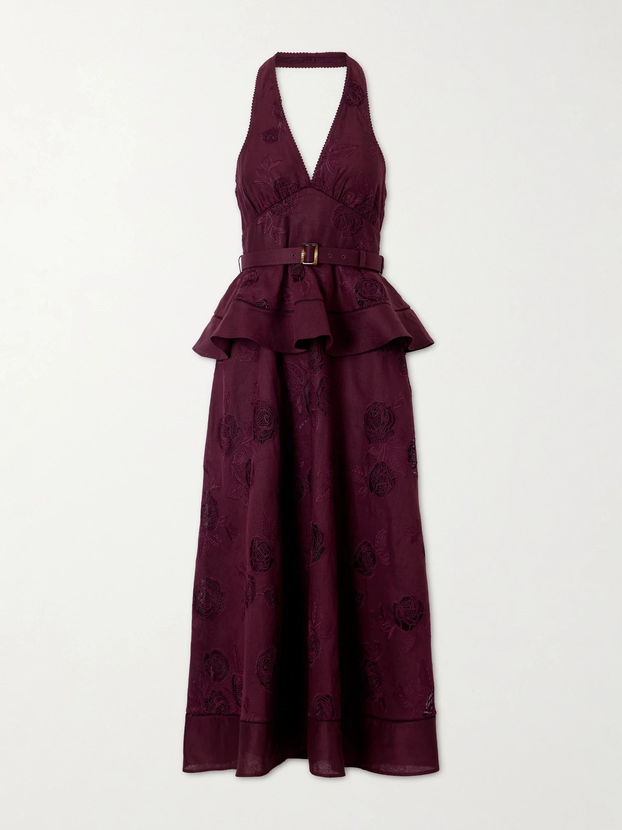Belted Broderie Anglaise-trimmed Linen And Cotton-blend Peplum Midi Dress