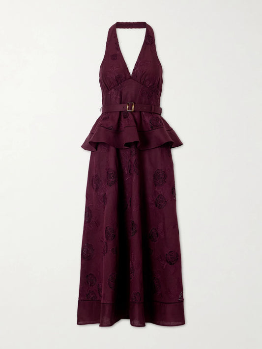 Belted Broderie Anglaise-trimmed Linen And Cotton-blend Peplum Midi Dress