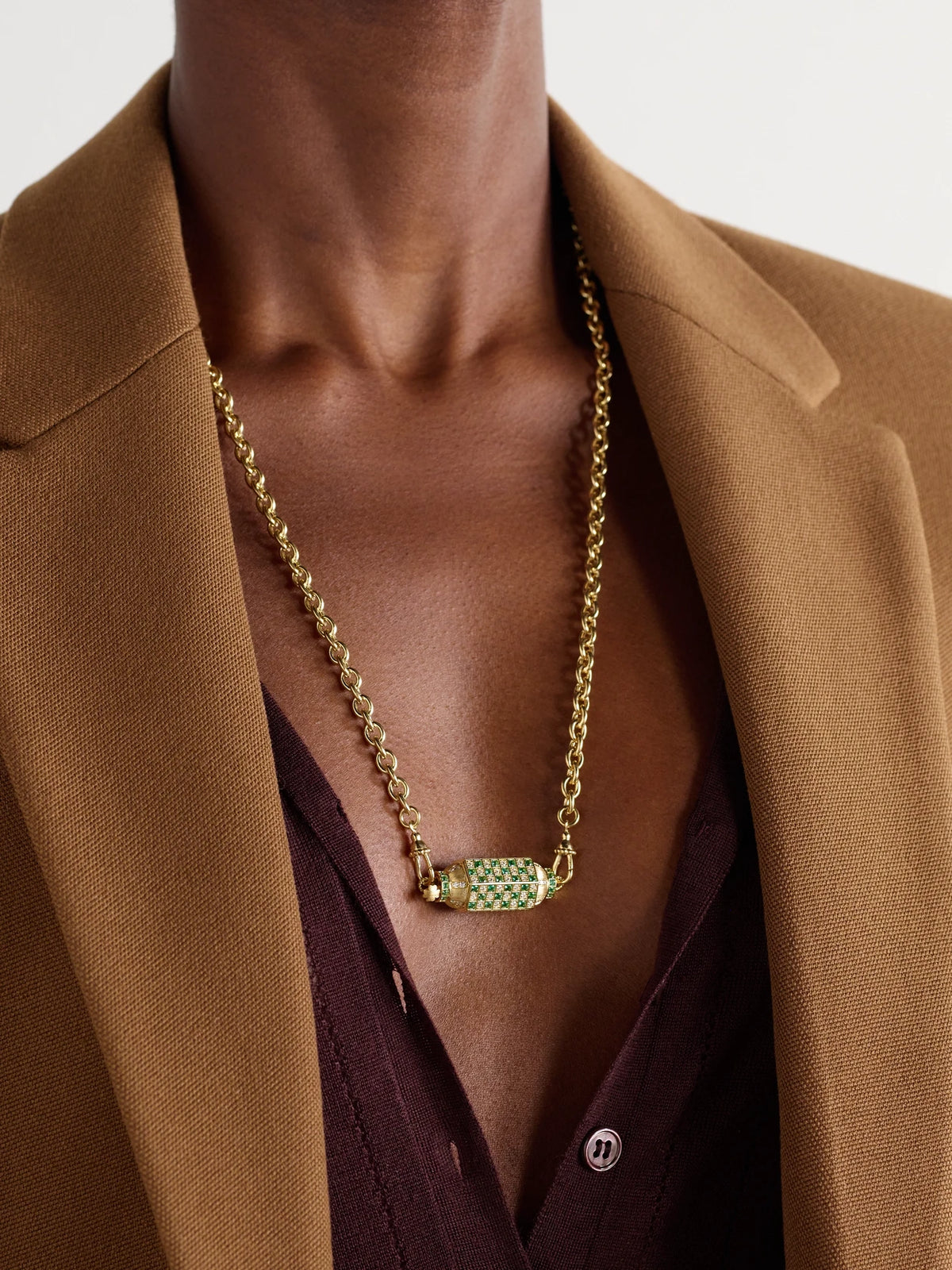 Image of Necklaces. Product name - Check Locket 18-karat Gold, Emerald And Diamond Necklace in Green colour by brand - Marie Lichtenberg