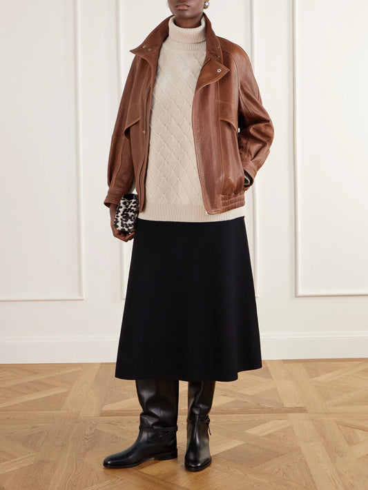 Image of a model wearing Outerwear. Product name - Bambola Wool And Cashmere-blend Turtleneck Sweater in Beige colour by brand - Max Mara