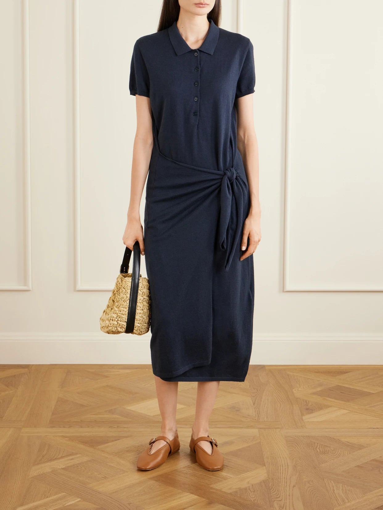 Image of Dresses. Product name - Anthea Tie-detailed Cotton And Cashmere-blend Midi Dress in Navy colour by brand - LISA YANG