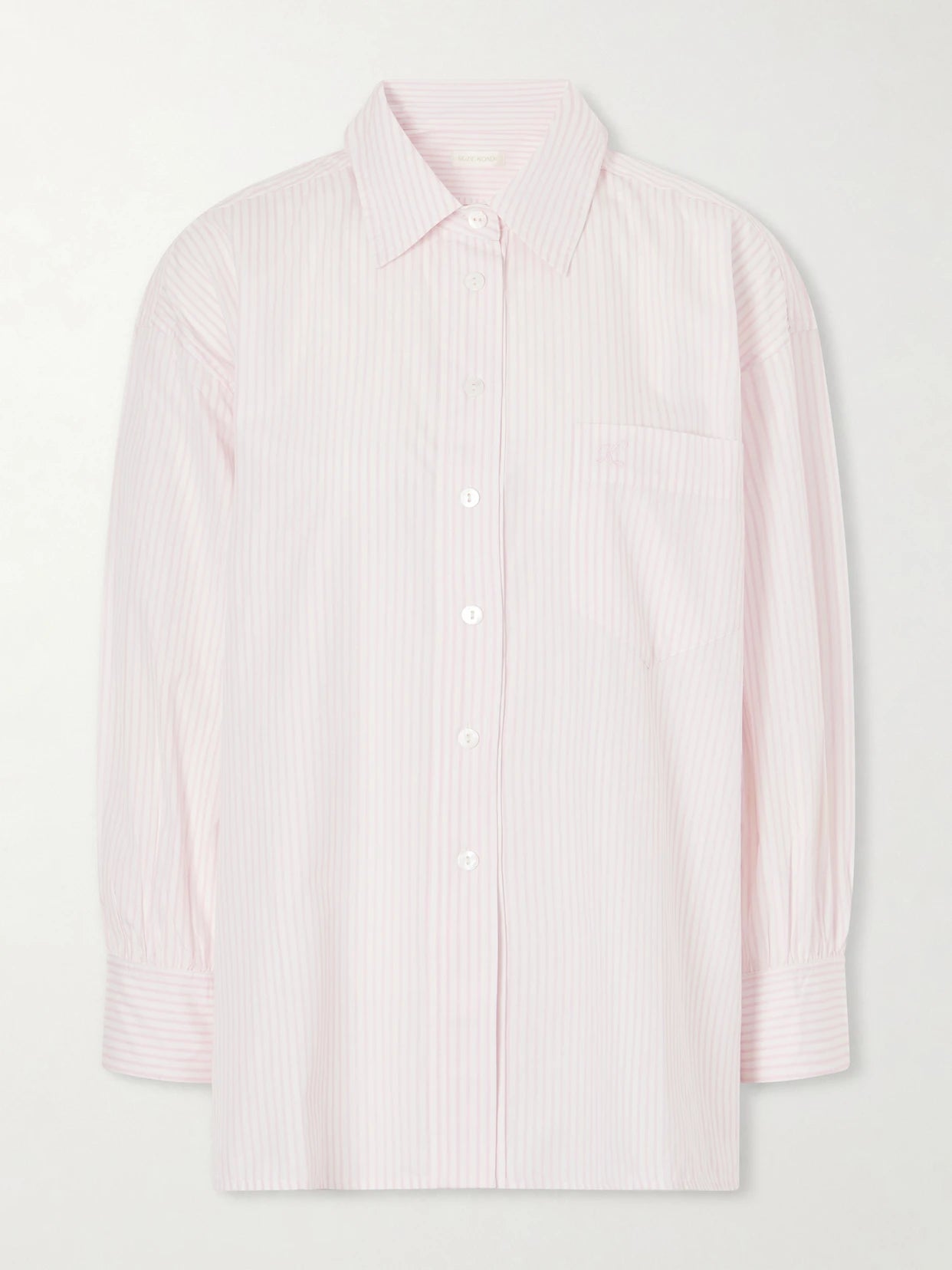 Image of a model wearing Tops. Product name - Kappa Logo-embroidered Striped Cotton-poplin Shirt in Pink colour by brand - Suzie Kondi