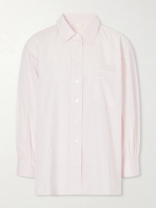 Image of a model wearing Tops. Product name - Kappa Logo-embroidered Striped Cotton-poplin Shirt in Pink colour by brand - Suzie Kondi