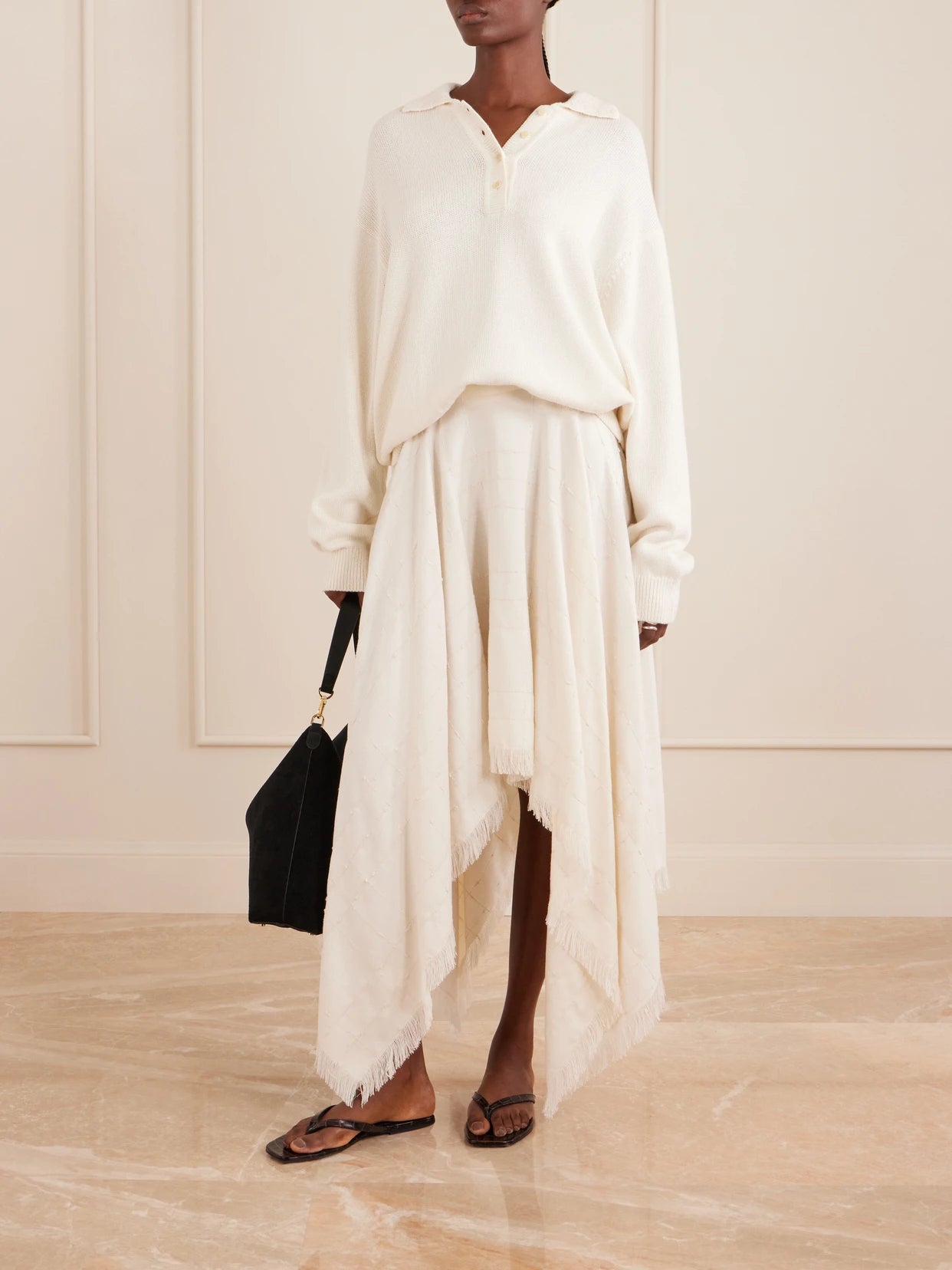 Image of a model wearing Outerwear. Product name - Chessy Cotton And Wool-blend Polo Sweater in Ecru colour by brand - KALLMEYER