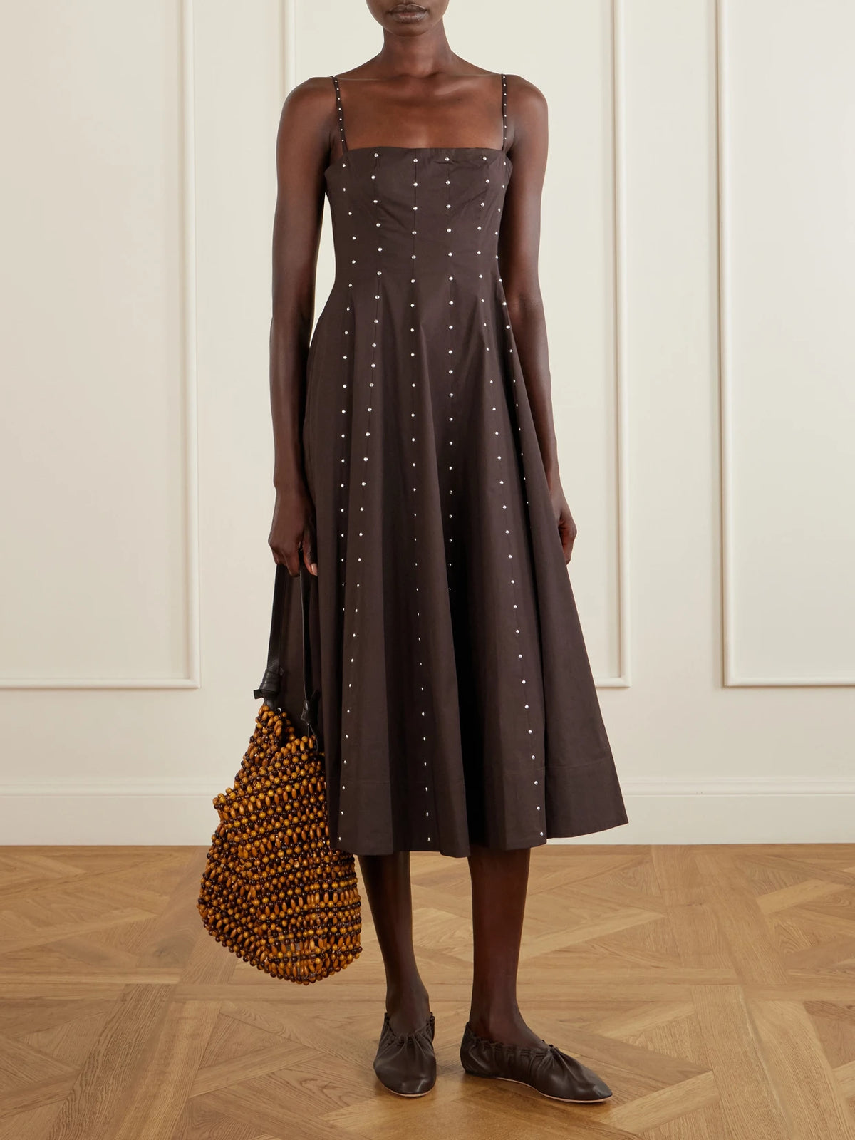 Image of Flats. Product name - Rue Gathered Leather Ballet Flats in Brown colour by brand - STAUD