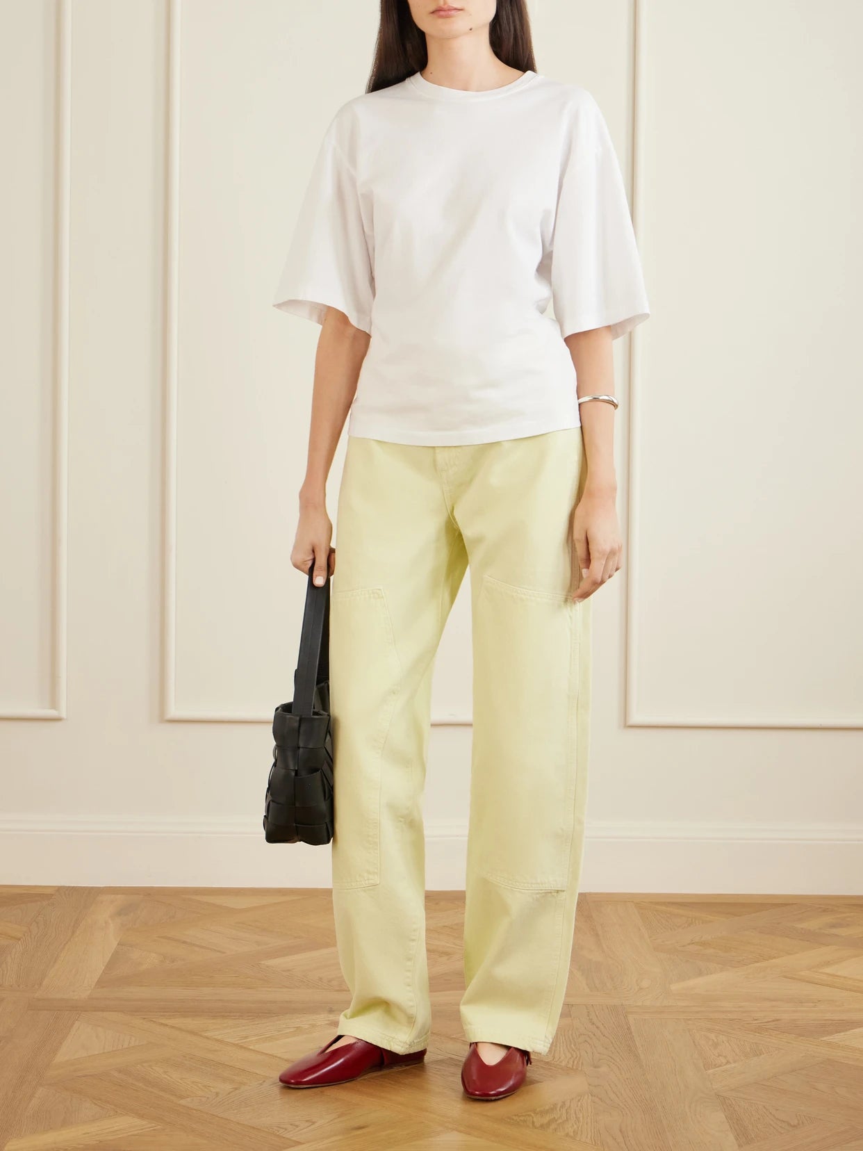 Image of Jeans. Product name - Laria Mid-rise Wide-leg Jeans in Pastel yellow colour by brand - AGOLDE