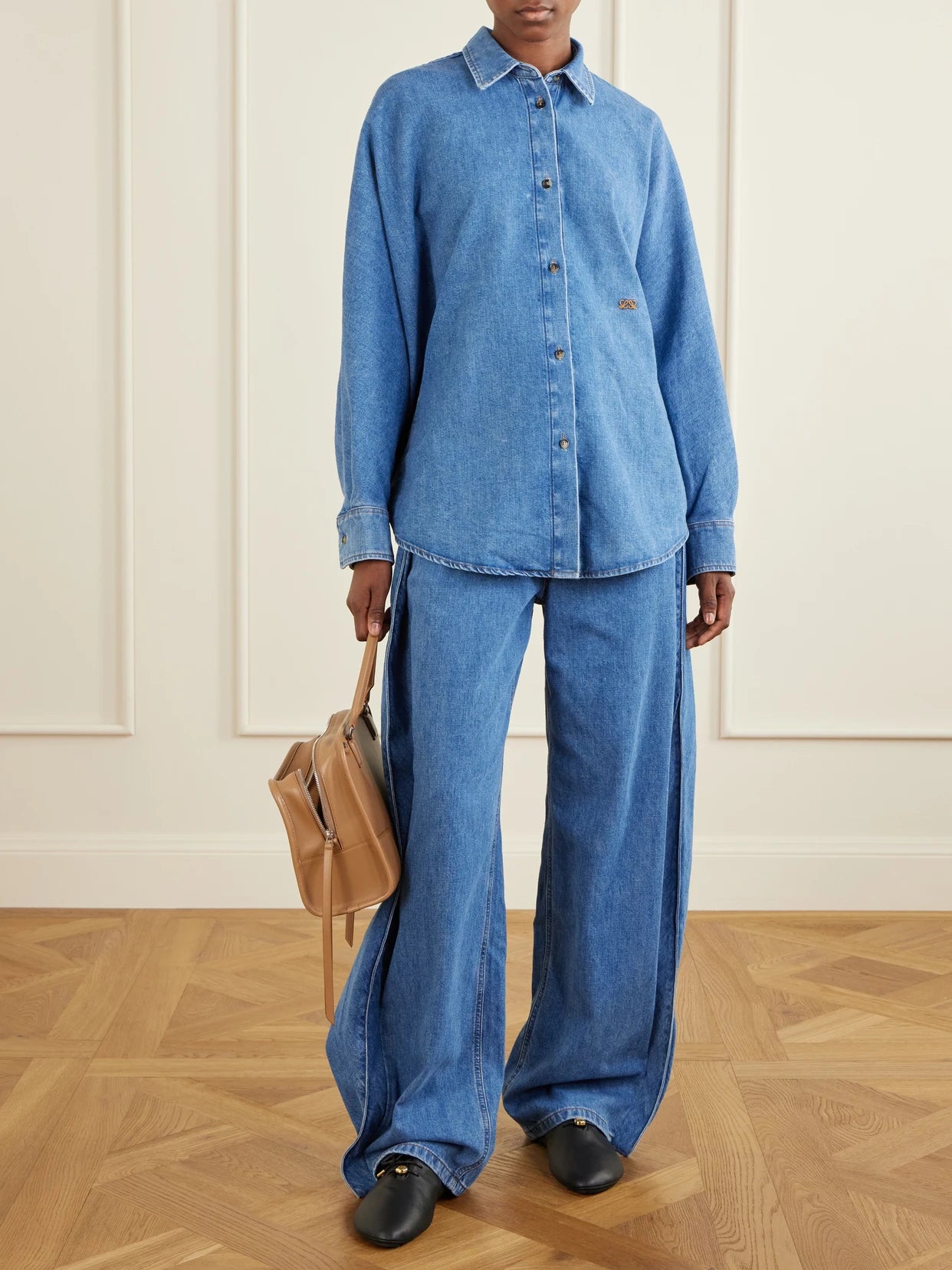 Image of Jeans. Product name - Draped Mid-rise Wide-leg Jeans in Mid denim colour by brand - LOEWE