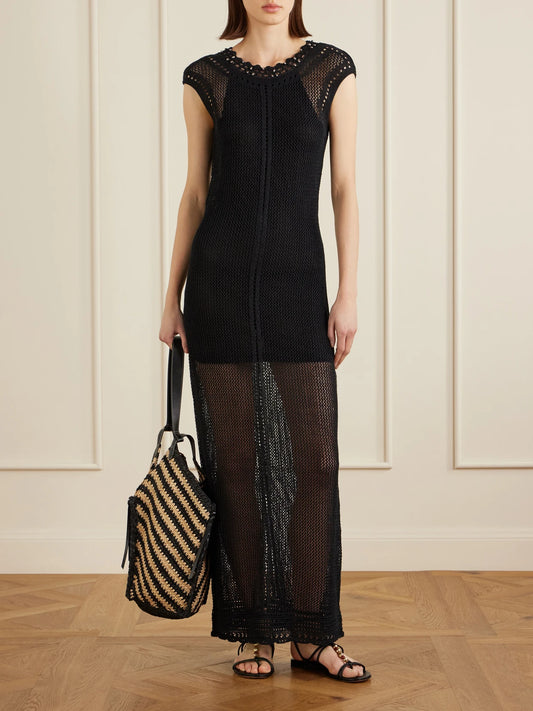 Image of Dresses. Product name - Metaya Crocheted Cotton-blend Coverup in Black colour by brand - ISABEL MARANT