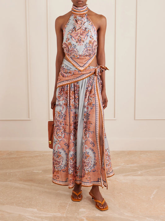 Aster Tie-detailed Printed Silk Midi Skirt