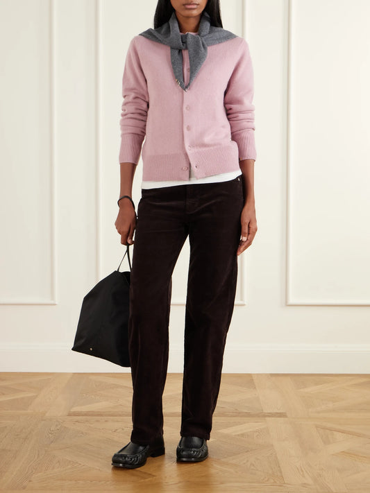 Image of a model wearing Outerwear. Product name - Little Lamb Cashmere Cardigan in Pink colour by brand - Extreme Cashmere