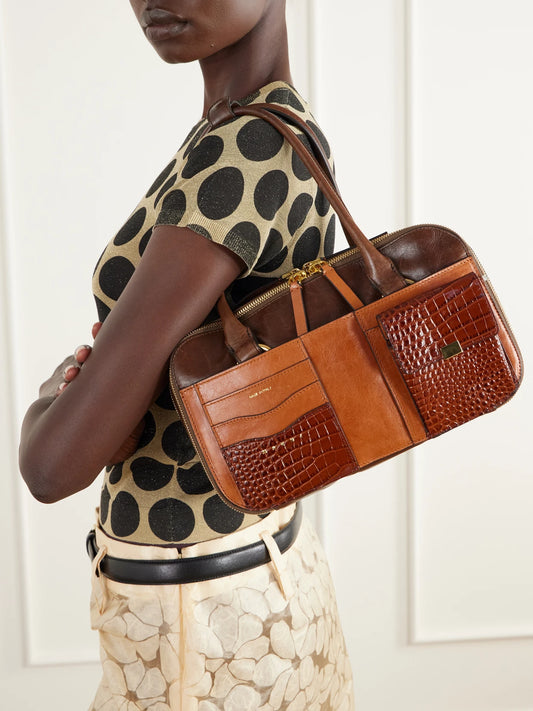 Image of Bags. Product name - Boxyne Multi-leather Shoulder Bag in Tan colour by brand - Marni