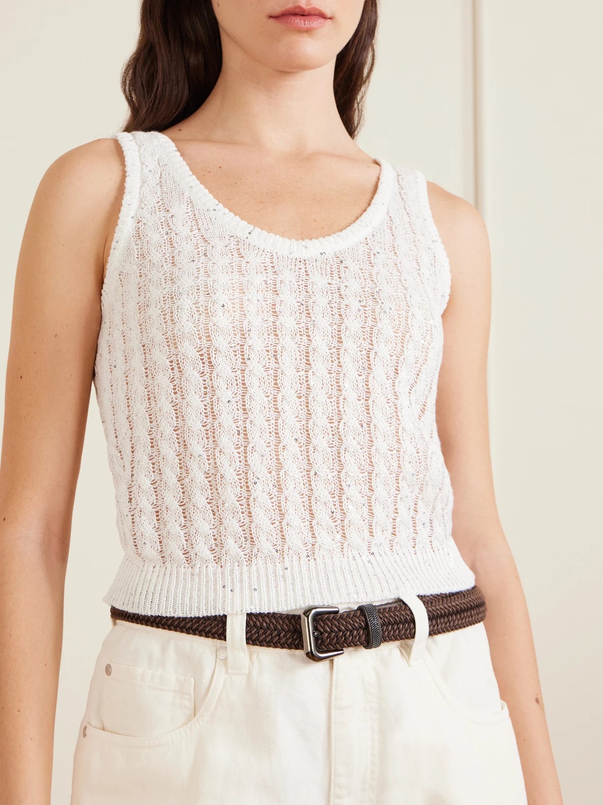 Sequin-embellished Open-knit Linen-blend Tank