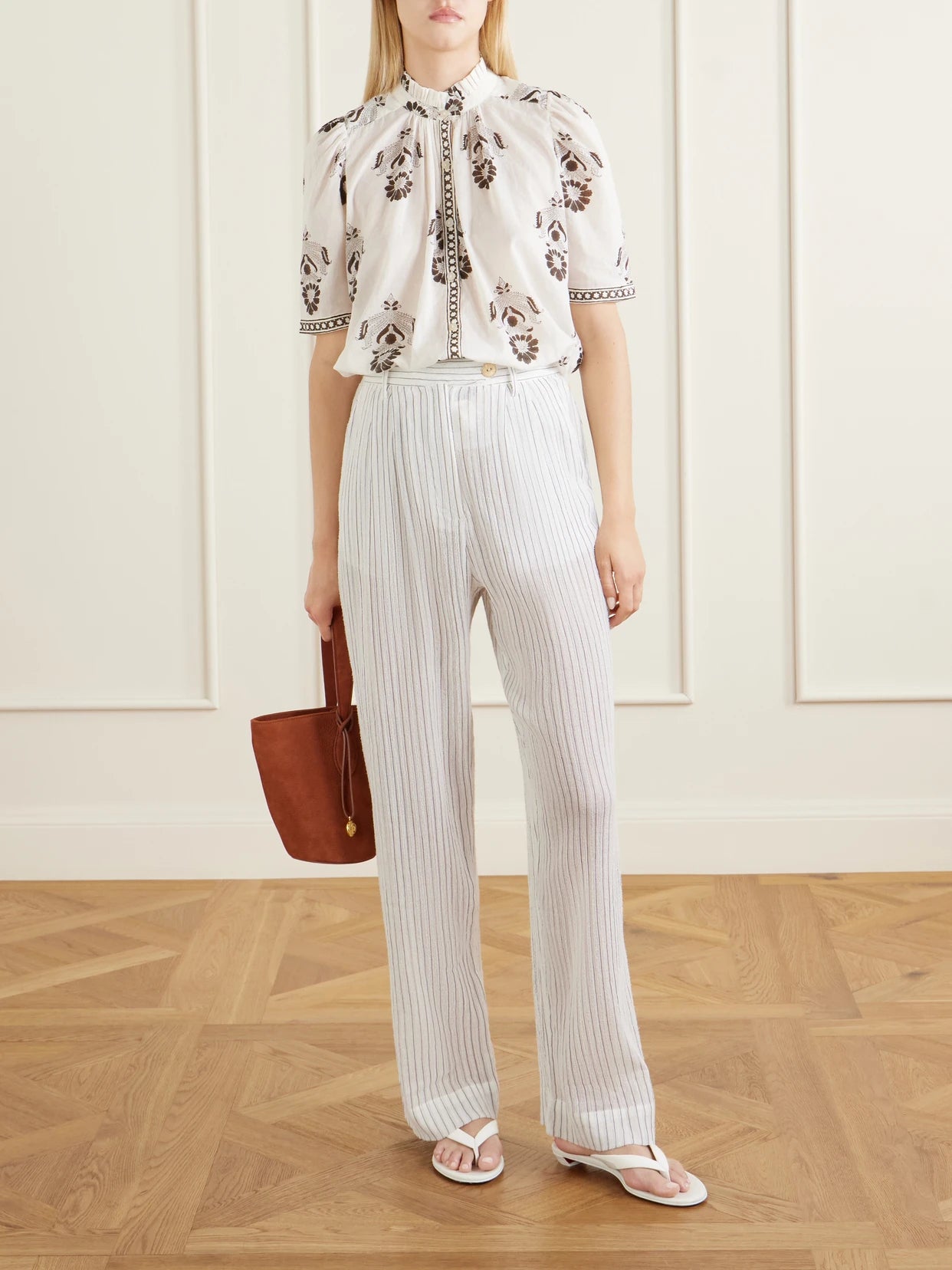 Image of a model wearing Tops. Product name - Winnie Java Cactus Printed Cotton-voile Shirt in Off-white colour by brand - ALIX OF BOHEMIA