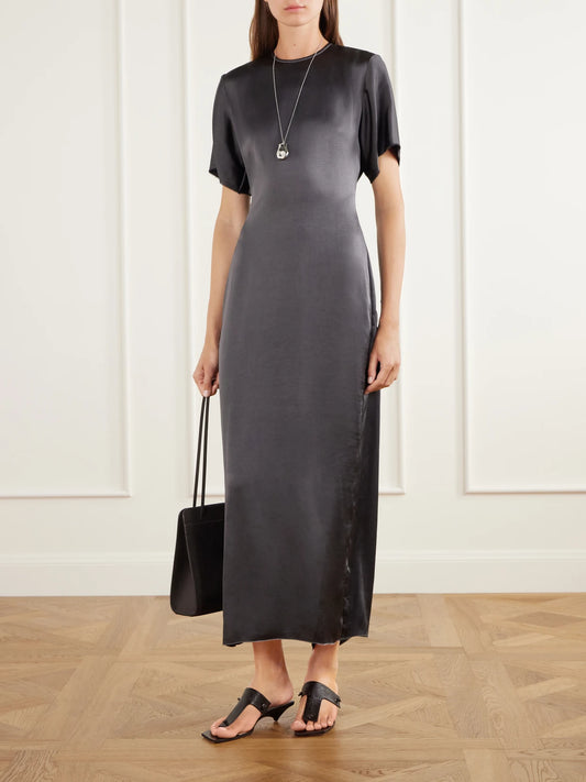 Image of Dresses. Product name - Imogen Draped Metallic Satin Maxi Dress in Gunmetal colour by brand - FFORME