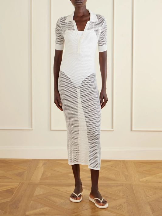 Image of Dresses. Product name - Crocheted Silk Coverup in Ivory colour by brand - Kiki de Montparnasse