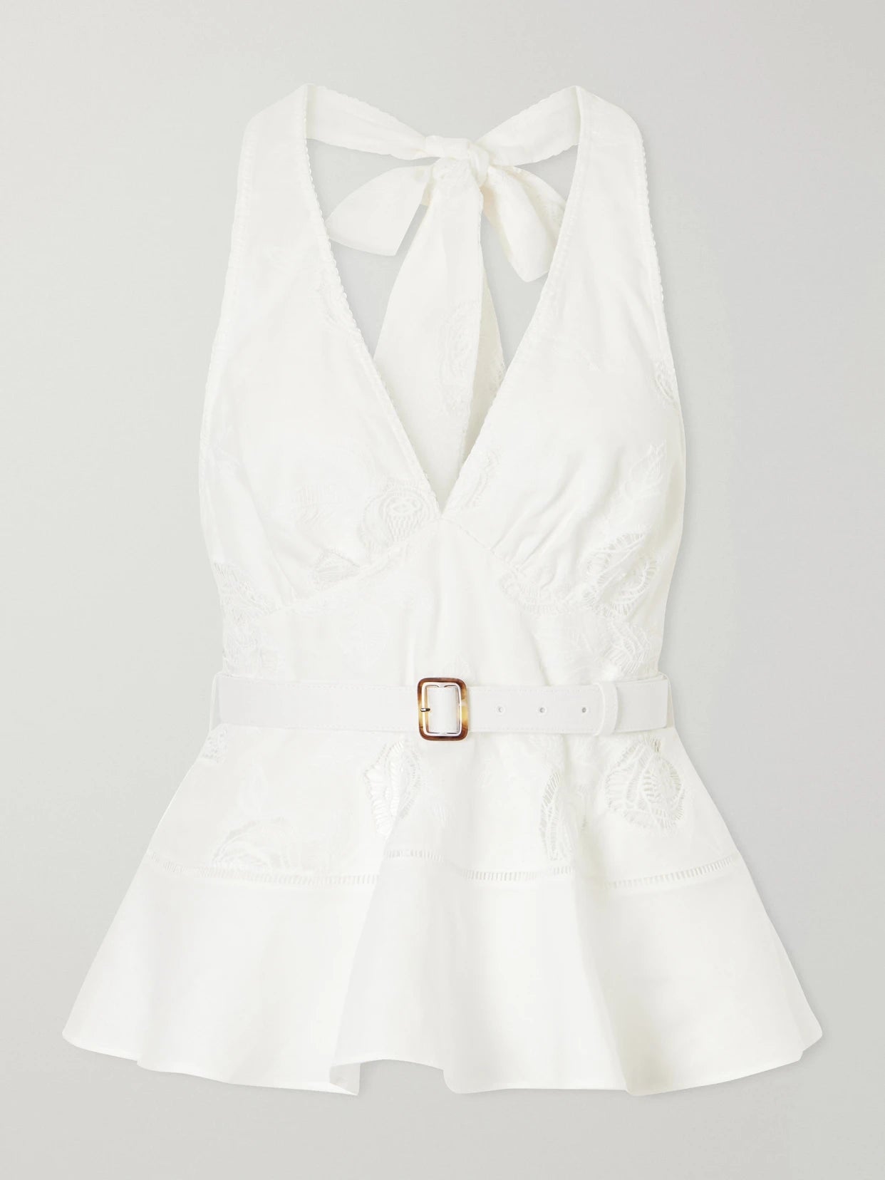 Belted Embroidered Linen And Cotton-blend Peplum Top