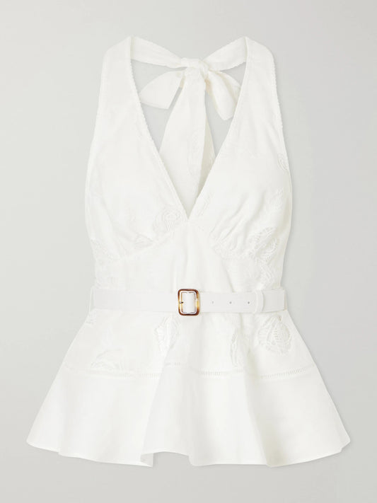 Belted Embroidered Linen And Cotton-blend Peplum Top