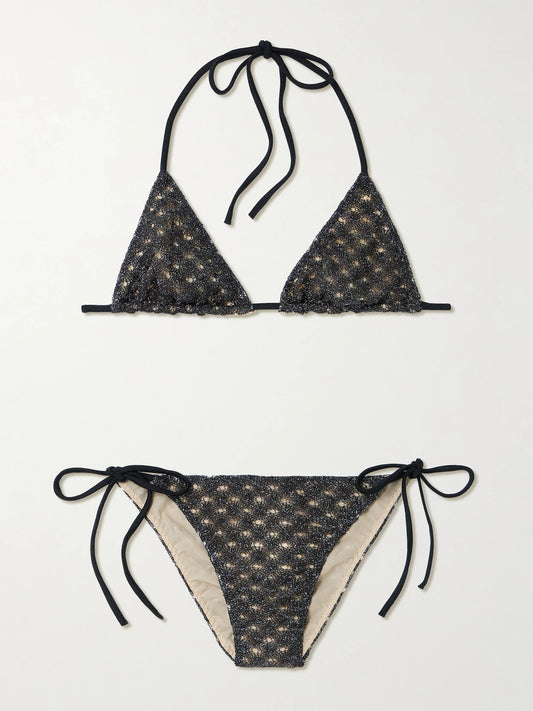 Image of Swimwear. Product name - Metallic Crochet-knit Triangle Bikini in Brown colour by brand - Missoni