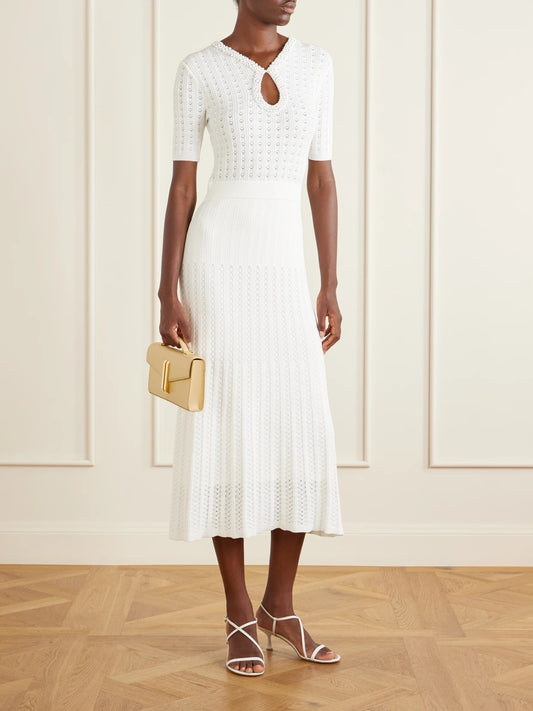 Image of Dresses. Product name - Embellished Crochet-knit Midi Dress in Ivory colour by brand - Rebecca Vallance